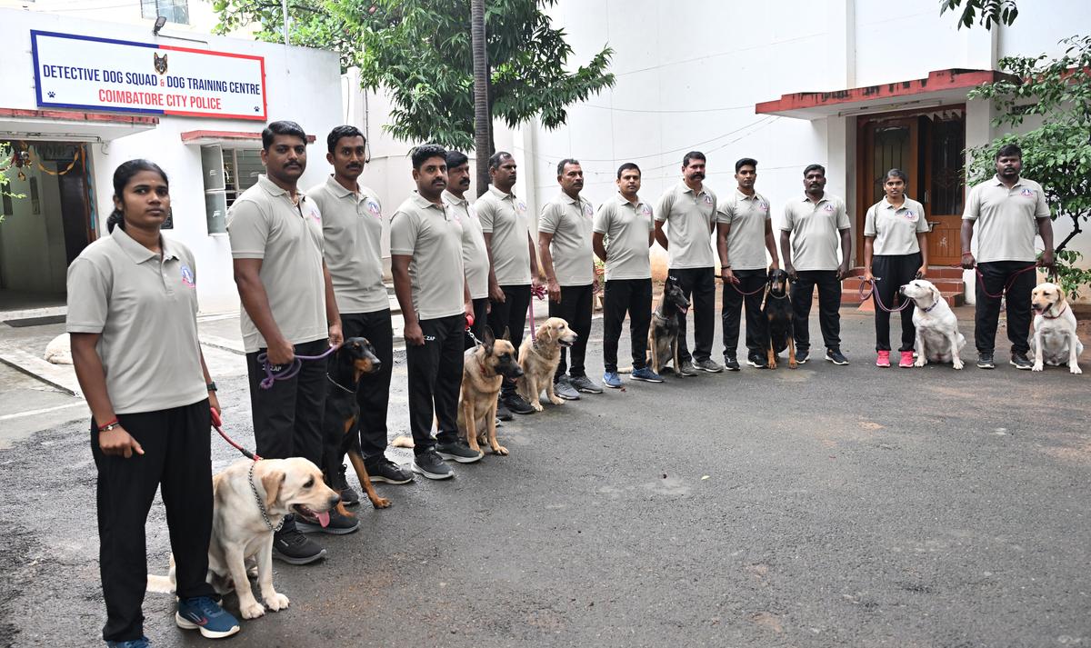 FOR COIMBATORE, 15/10/2024:
 (for Metroplus story):
For the first time in Tamil Nadu, two women constables, P Bhavani and S Kavipriya, have been appointed as sniffer dog handlers by Coimbatore City Police.
PHOTO: Siva Saravanan S / The Hindu.