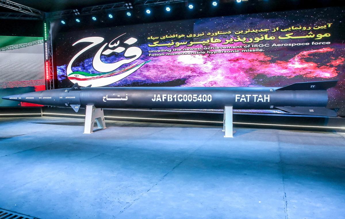 File picture of the hypersonic ballistic missile called “Fattah” with a range of 1400 km, unveiled by Iran in Tehran File picture of the hypersonic ballistic missile called “Fattah” with a range of 1400 km, unveiled by Iran in Tehran