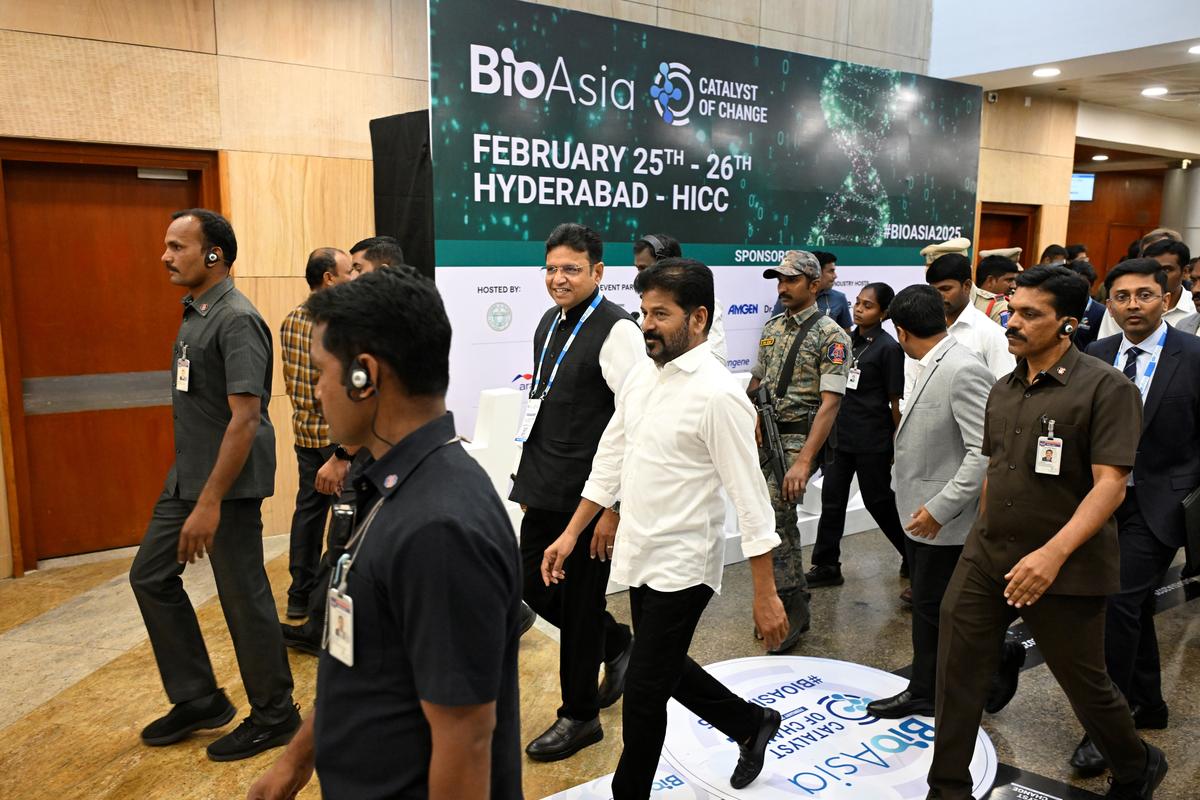 Telangana Chief Minister A.Revanth Reddy, IT and Industries Minister D. Sridhar Babu, and delegates participate in Inauguration of Bio Asia 2025, at HICC in Hyderabad on Tuesday (February 25, 2025)