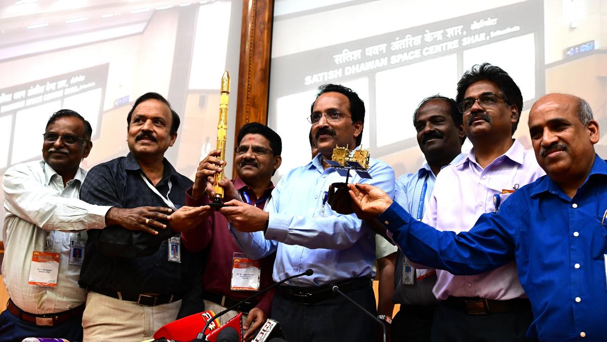 S. Somanath, Chairman, ISRO holding PSLV-C60 / SPADEX mission model after its successful launch at Satish Dhawan Space Centre, Sriharikota.