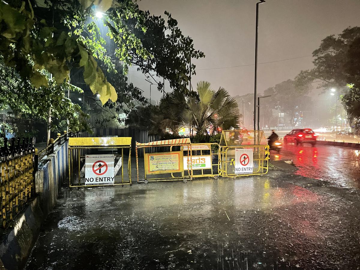 K.R. Circle underpass barricaded following heavy rains.