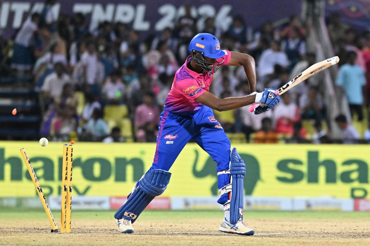 Idream Tiruppur Tamizhans batter Mohamed Ali is bowled by Periyasamy of Chepauk Super Gillies in the Shriram Capital Tamil Nadu Premier League (TNPL) match held in Salem in Tamil Nadu on Wednesday, 10 July 2024. 