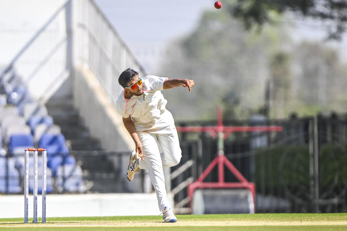 Vidharbha’s Harsh Dubey in action during the Ranji Trophy semifinal against Mumbai at the Vidharba Cricket Association Stadium in Nagpur on Friday., February 21, 2025 