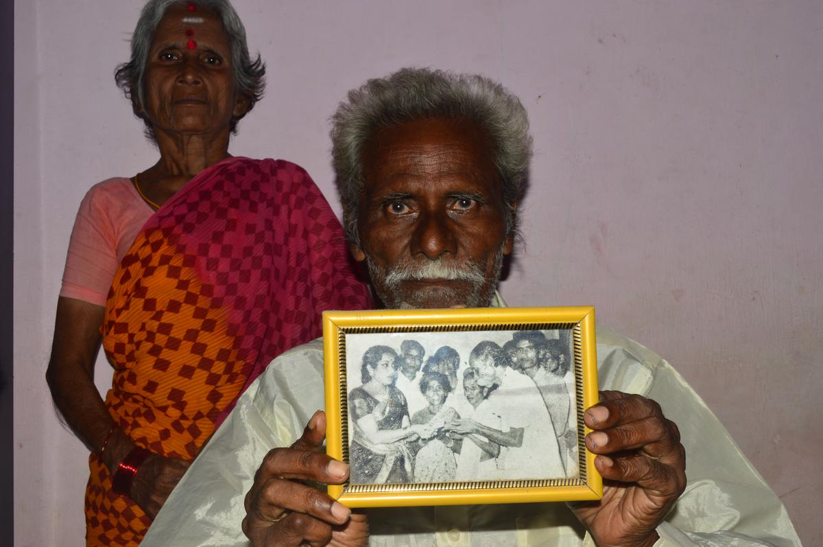 Anaparthi Subba Rao with a photo of actress Jamuna, who helped the puppeteers to get houses in the 1980s.