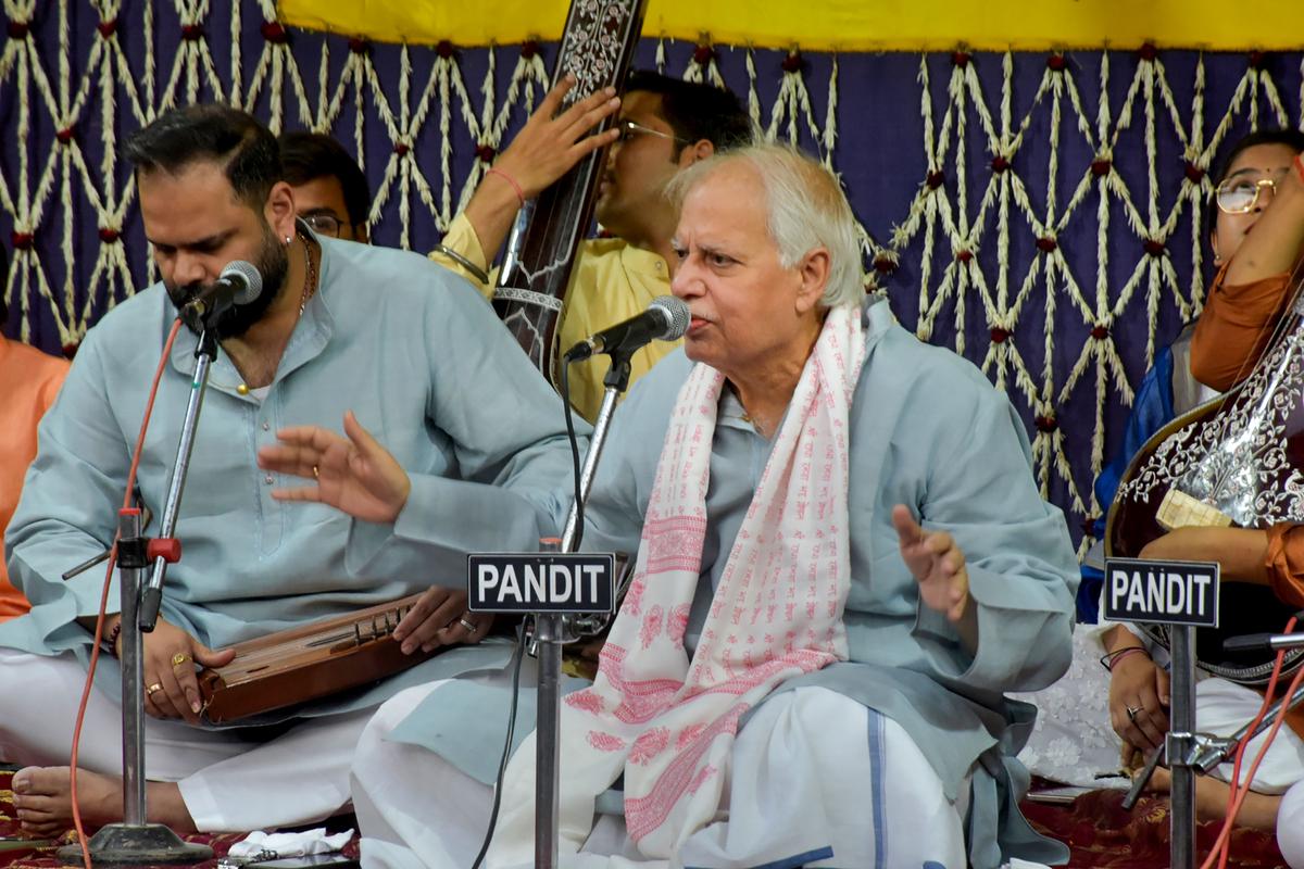 Pt. Sajan Mishra performs on the last day of ‘Sankat Mochan Sangeet Mahotsav’, in Varanasi, on April 17, 2023. 
