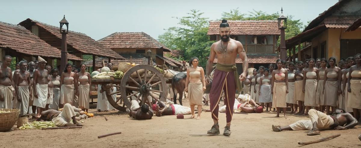 A screenshot of Siju Wilson, as Arattupuzha Velayudha Chekavar, from the trailer of Vinayan’s ‘Pathonpatham Noottandu’