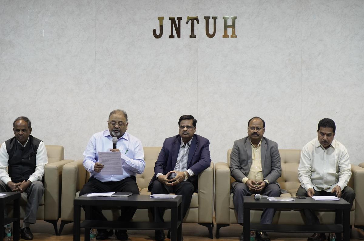Officials of Jawaharlal Nehru Technological University Hyderabad and the Telangana Council of Higher Education address the media on TG EAPCET-2026 examination arrangements at JNTUH, in Hyderabad on Tuesday.