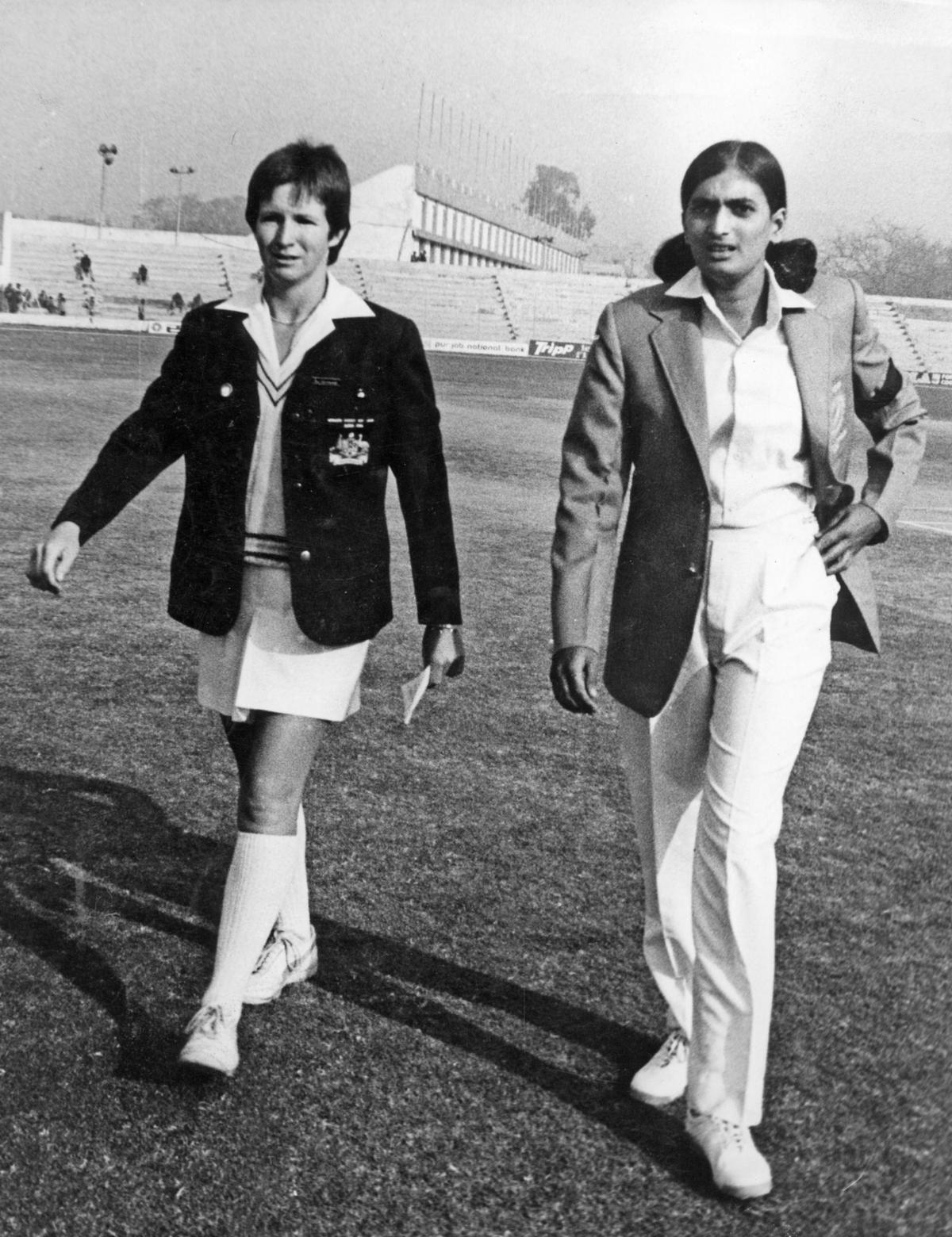 Australia's Jill Kennare (left) and Shanta Rangaswamy going out to toss in the first three-day women's test match at the Ferozeshah Kotla Ground, New Delhi on January 21, 1984. Australia's Jill Kennare (left) and Shanta Rangaswamy going out to toss in the first three-day women's test match at the Ferozeshah Kotla Ground, New Delhi on January 21, 1984.