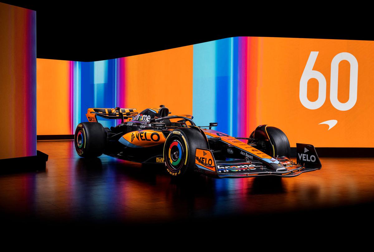 A handout picture released on February 13, 2023, by McLaren shows the team’s McLaren MCL60 Formula One racing car for the 2023 season at their base in Woking, west of London. 