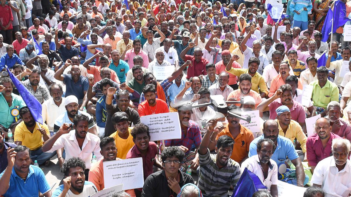 Ennore’s continuing protest against electricity towers, debris, fly ash in their creek