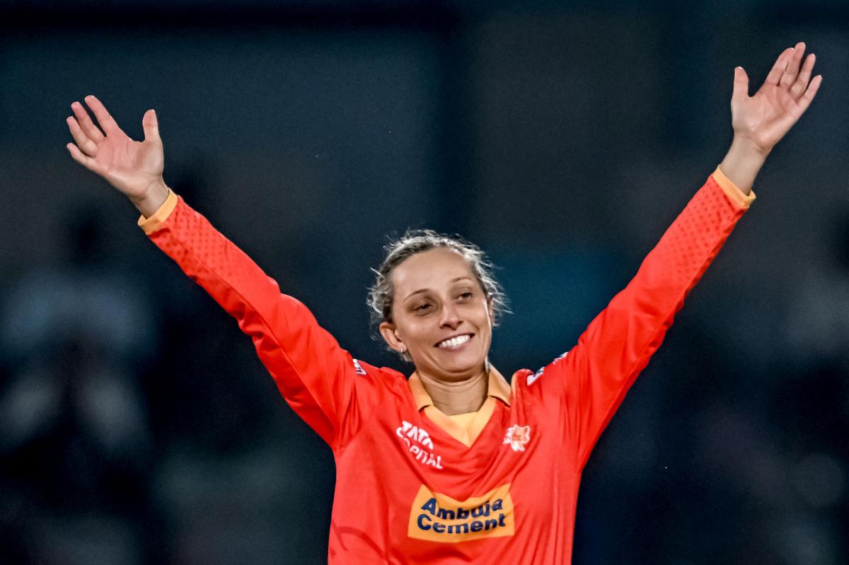 Ashleigh Gardner celebrates after taking the wicket of Smriti Mandhana during the Women’s Premier League match between Gujarat Giants and Royal Challengers Bengaluru. Ashleigh Gardner celebrates after taking the wicket of Smriti Mandhana during the Women’s Premier League match between Gujarat Giants and Royal Challengers Bengaluru.