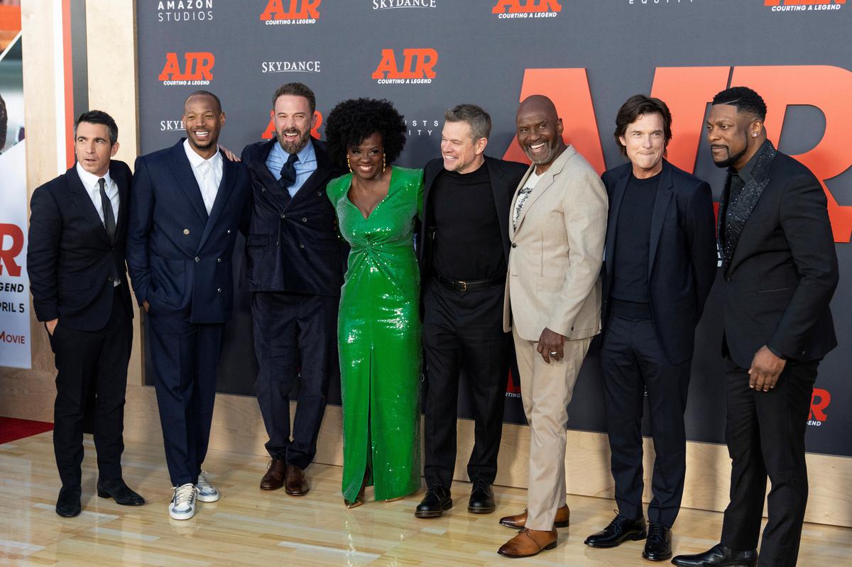 Chris Messina, Marlon Wayans, Ben Affleck, Viola Davis, Matt Damon, Julius Tennon, Jason Bateman, and Chris Tucker attend the world premiere of ‘Air’ in Los Angeles, California