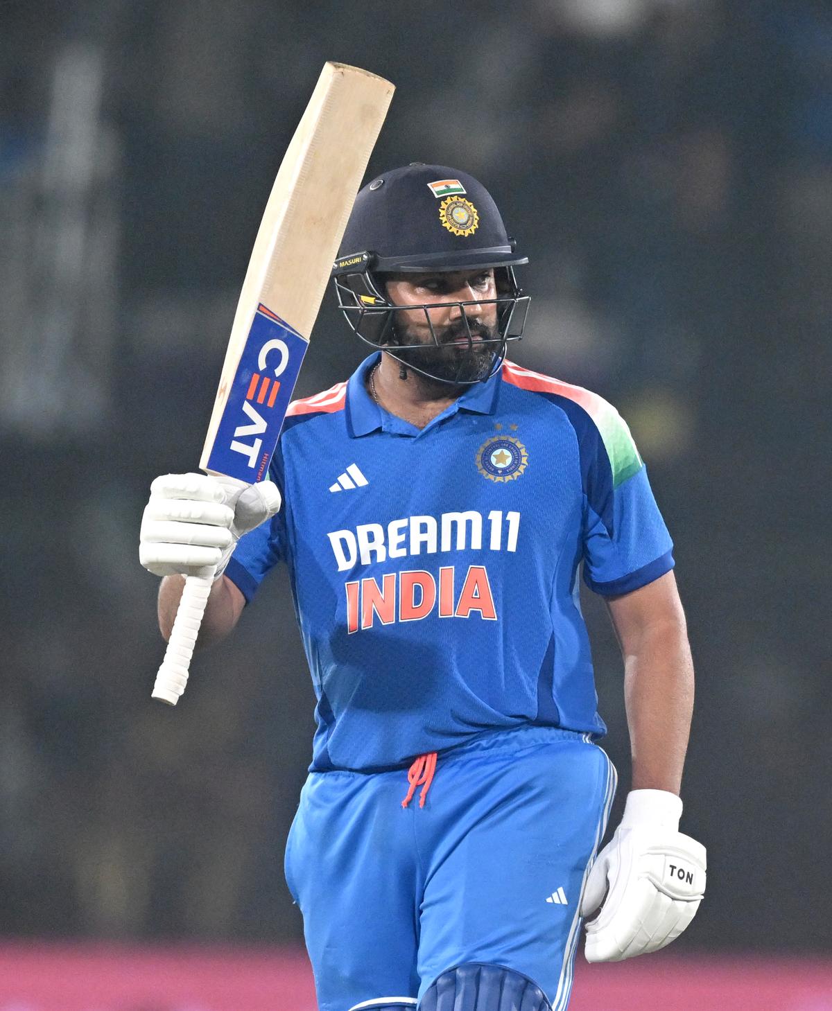 India Rohit Sharma celebrates after scoring a century during the second ODI match between India and England.