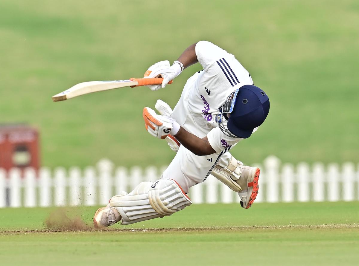 Pant falls after playing a shot.