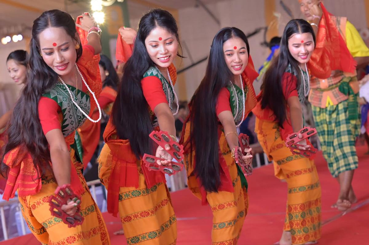 Tribal artists perform during the National Tribal Dance Festival, in Raipur, on November 1, 2022.