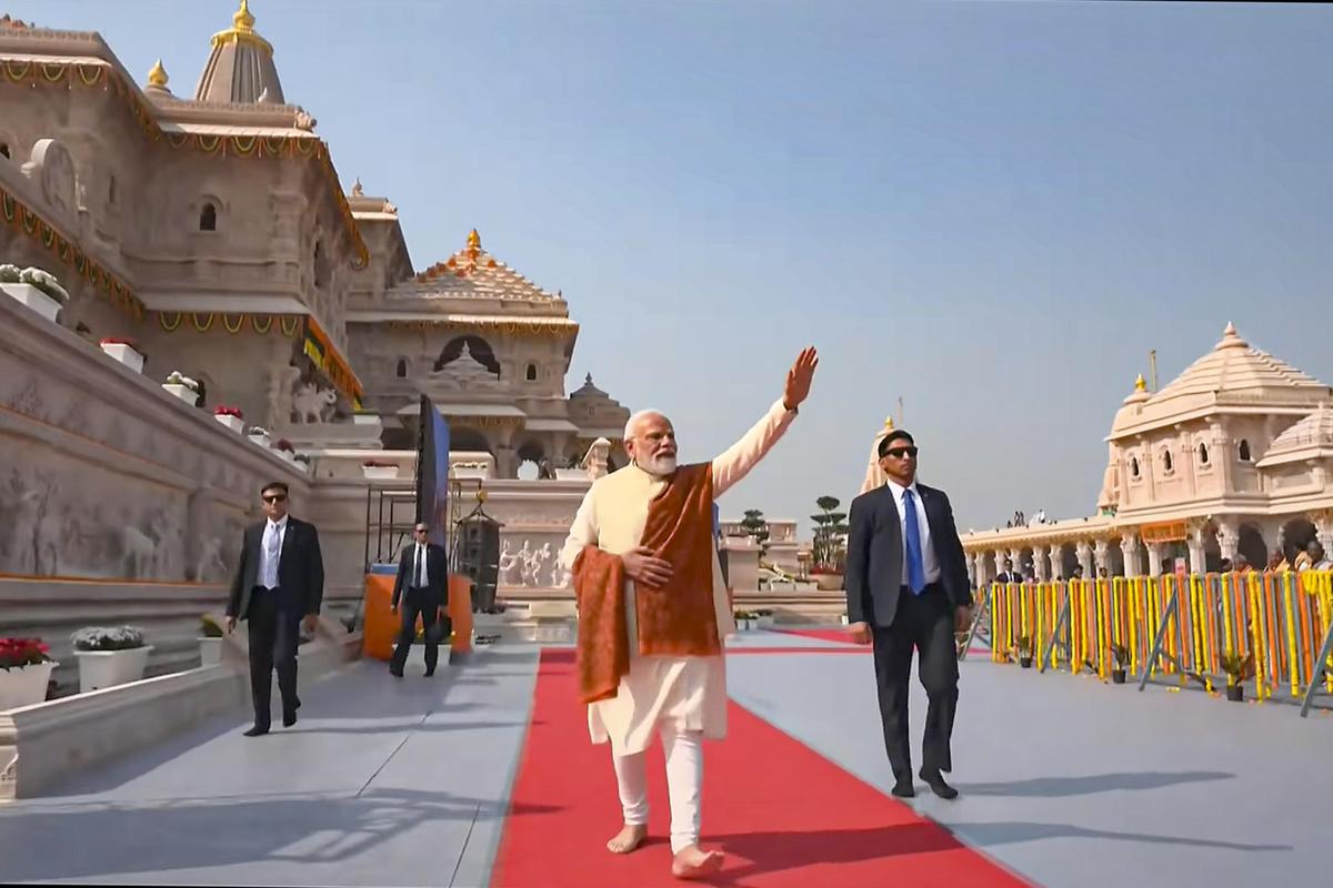 Prime Minister Narendra Modi at the Ram Temple before the ‘Dhwaj Arohan’ ceremony, in Ayodhya