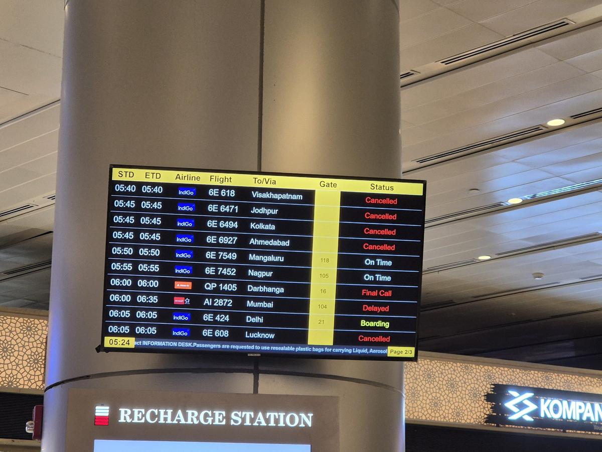 Flight information screens at Hyderabad airport on December 4 morning showing a series of IndiGo cancellations. Flight information screens at Hyderabad airport on December 4 morning showing a series of IndiGo cancellations.