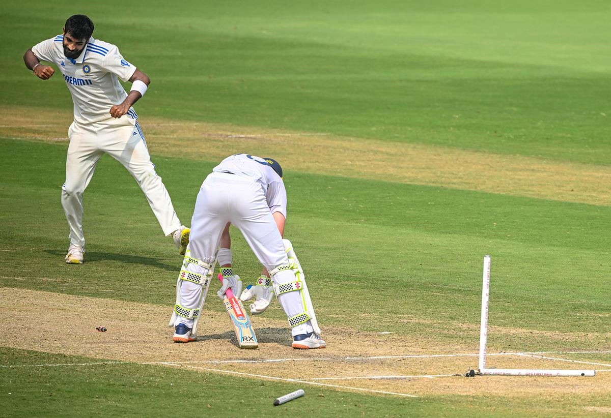 India’s Jasprit Bumrah celebrates the wicket of England’s Ollie Pope.