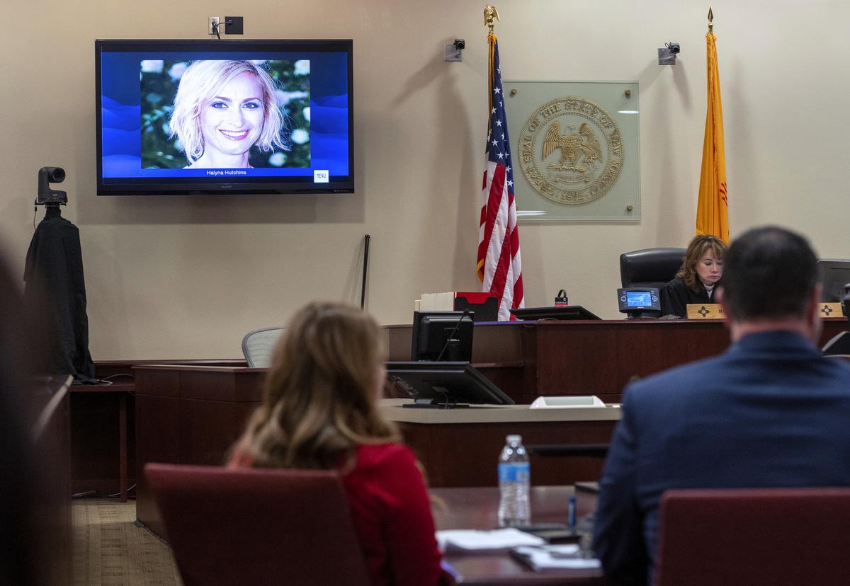 A photo of cinematographer Halyna Hutchins is displayed during the trial against Hannah Gutierrez-Reed, in First District Court, in Santa Fe, N.M., Thursday, February 22, 2024. Gutierrez-Reed, who was working as the armorer on the movie âRustâ when a revolver that actor Alec Baldwin was holding fired killing Hutchins and wounded the filmâs director Joel Souza, is charged with involuntary manslaughter and tampering with evidence.