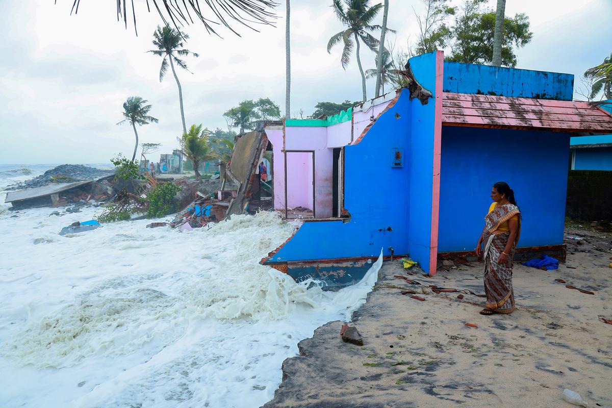 A house destroyed in sea surge at Neerkunnam