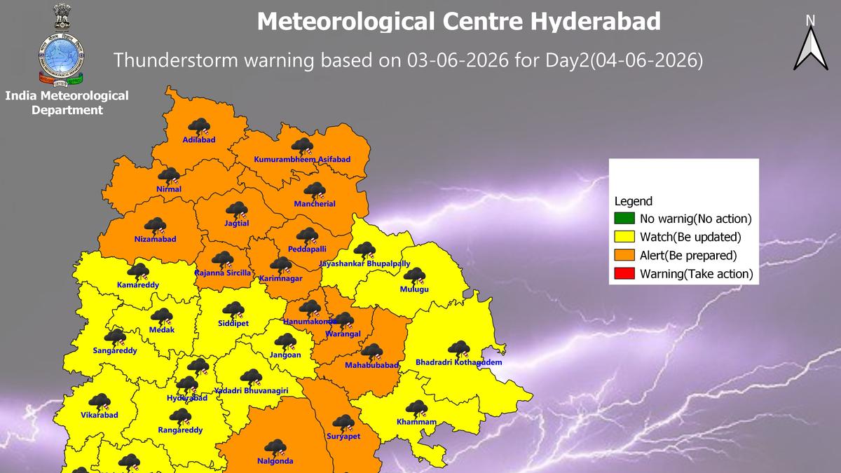 Thunderstorm forecast in six Telangana districts on June 4