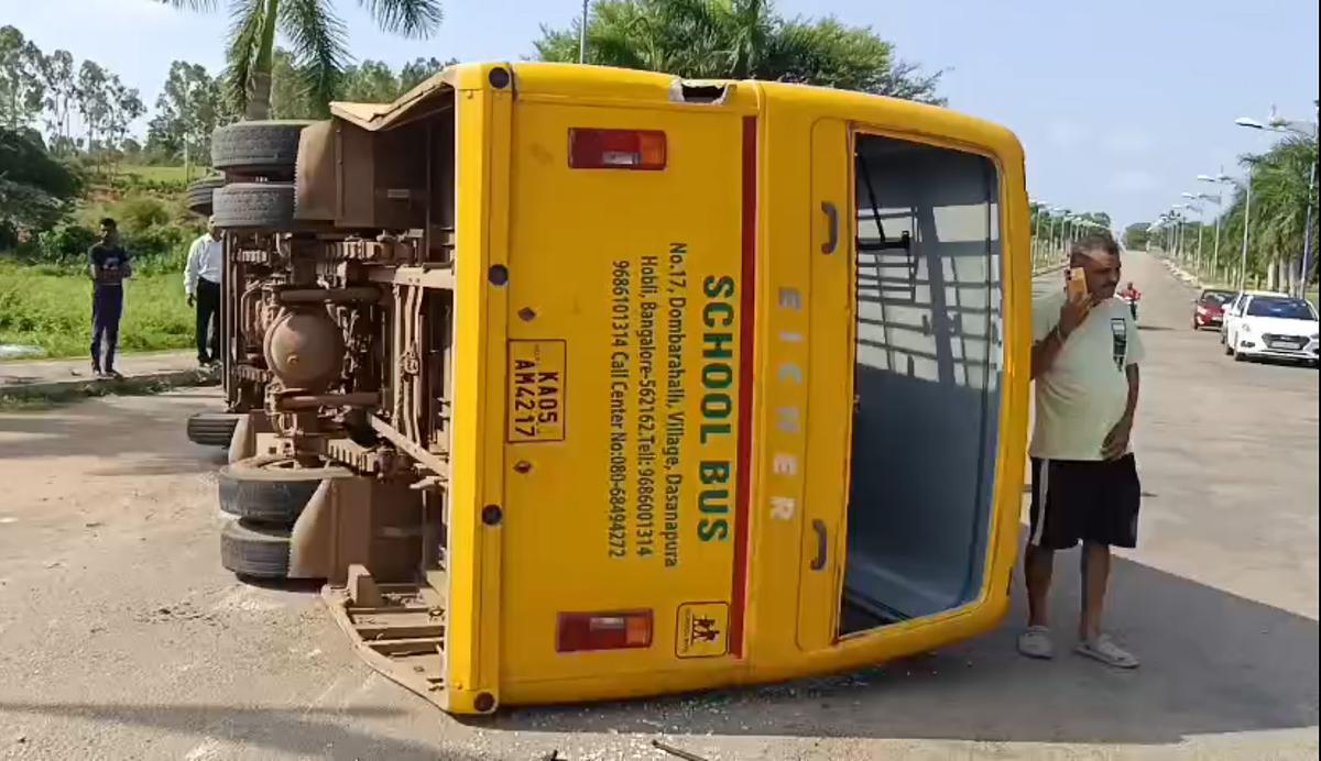 The bus that toppled near Madawara junction on Tuesday. 