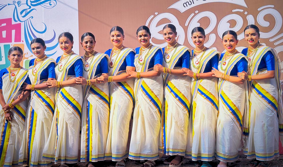 Students of DGMMES college, Mampad, who won the first prize in Thiruvathirakali.