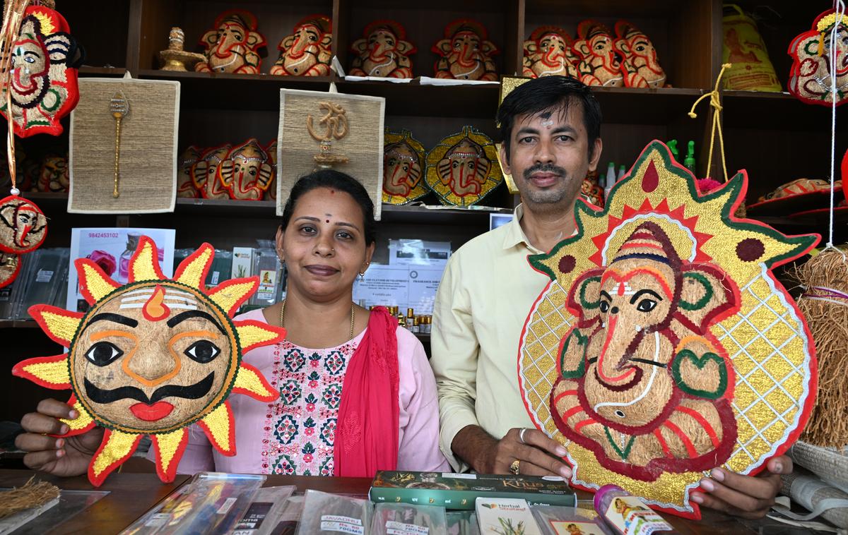 V. C. Shreeramnath, Founder and Secretary, Rameswaram Vetiver and his wife Kavitha at One Station One Products stall selling vetiver products at the Srirangam railway station.