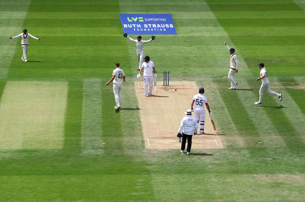 Australia players appeal for the wicket of England’s Jonny Bairstow, stumped by Alex Carey.