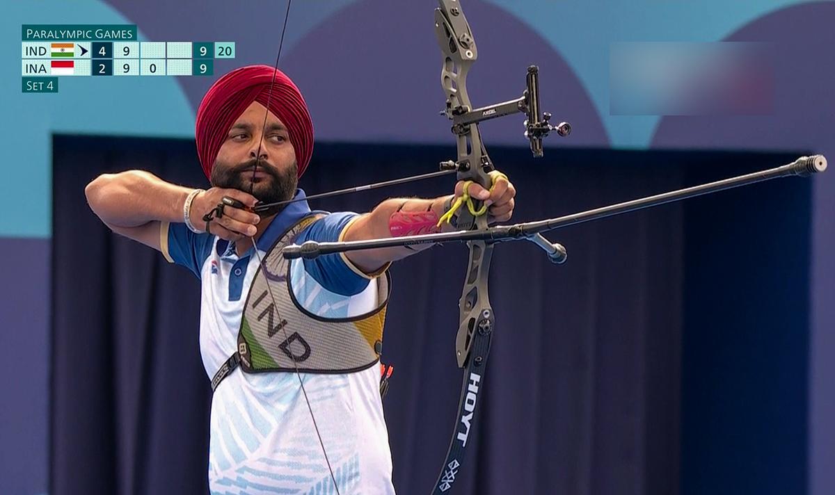 Para-archer Harvinder Singh in action during the Men’s Singles Recurve Open Archery event at the ongoing Paris Paralympics, in Paris