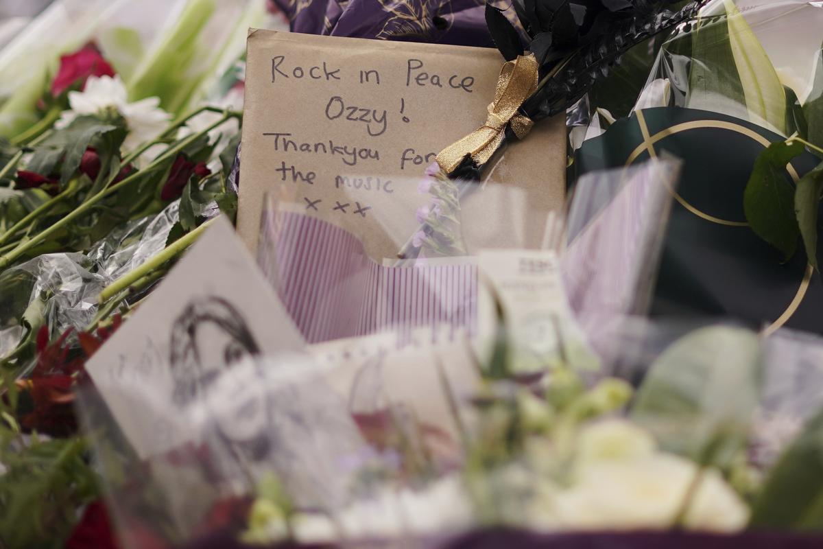 Tributes left to honour musician Ozzy Osbourne as thousands of fans gathered to watch a funeral procession for Black Sabbath frontman Ozzy Osbourne following his death aged 76, in Birmingham, England, Wednesday, July 30, 2025. Tributes left to honour musician Ozzy Osbourne as thousands of fans gathered to watch a funeral procession for Black Sabbath frontman Ozzy Osbourne following his death aged 76, in Birmingham, England, Wednesday, July 30, 2025.