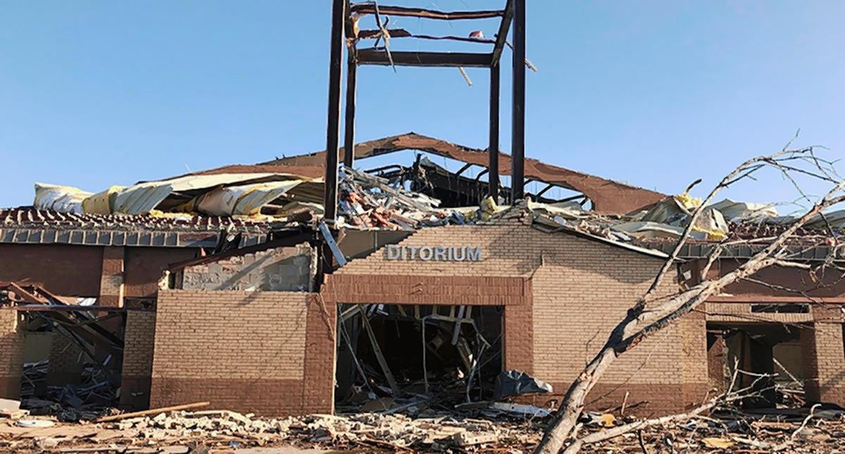Debris covers the ground around Wynne High school in Wynne, Ark., on Saturday, April 1, 2023.  Unrelenting tornadoes that tore through parts of the South and Midwest that shredded homes and shopping centers. 