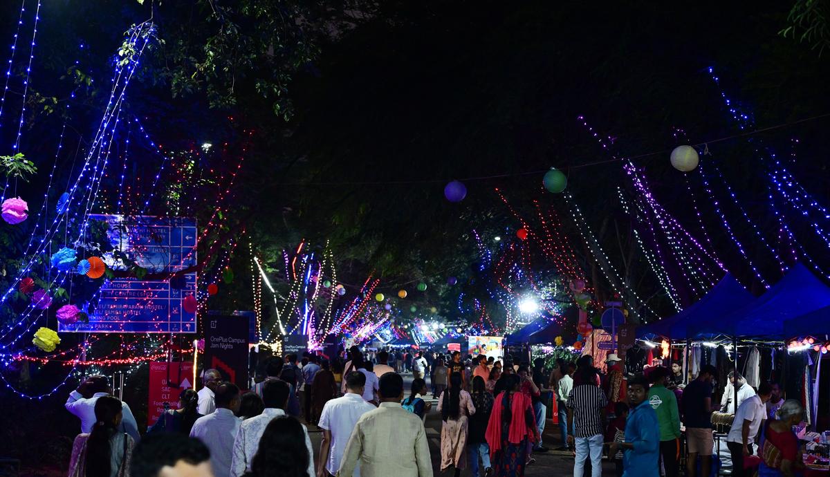 CHENNAI, TAMIL NADU, 10/01/2025: People and Students looks stalls  at Saarang 2025 in IIT, Madras on Thursday night..Photo : B. Velankanni Raj/ The Hindu