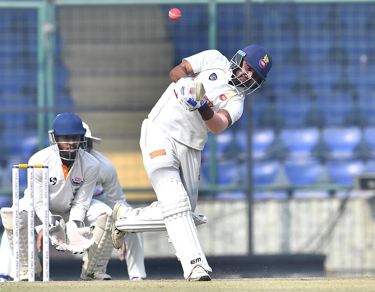 Delhi's Sumit Mathur plays a shot against Jammu and Kashmir on day one of their Ranji Trophy match at the Arun Jaitley Stadium in New Delhi on Saturday. November 8, 2025. Delhi's Sumit Mathur plays a shot against Jammu and Kashmir on day one of their Ranji Trophy match at the Arun Jaitley Stadium in New Delhi on Saturday. November 8, 2025.