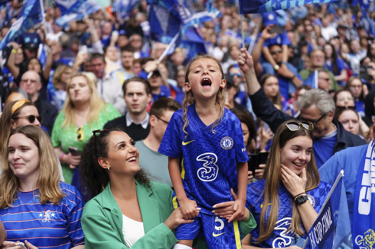 Chelsea fans in the stands celebrate following the Vitality Women’s FA Cup final at Wembley Stadium, London on Sunday, May 14, 2023. A world record crowd of 77,390 watched Chelsea beat Manchester United 1-0 in the Women’s FA Cup final at Wembley on Sunday. 