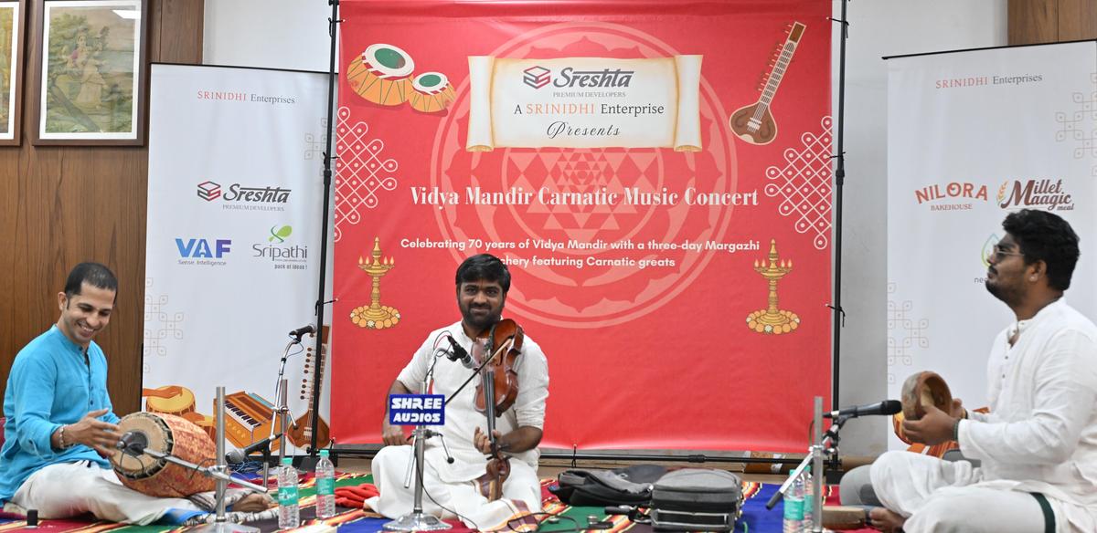 R. SathishKumar accompanied by M.L. Vadiraj (mridangam) and K.R. Sivaramakrishna (kanjira) at the 70th year celebration of Vidya Mandir School in Mylapore.