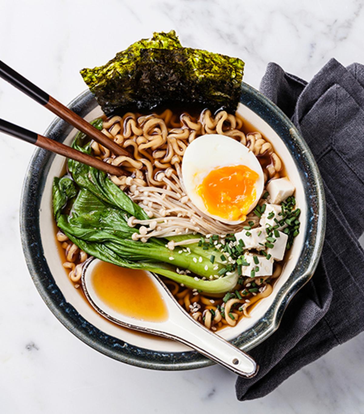 Miso ramen noodles with egg, enoki and pak choi cabbage 