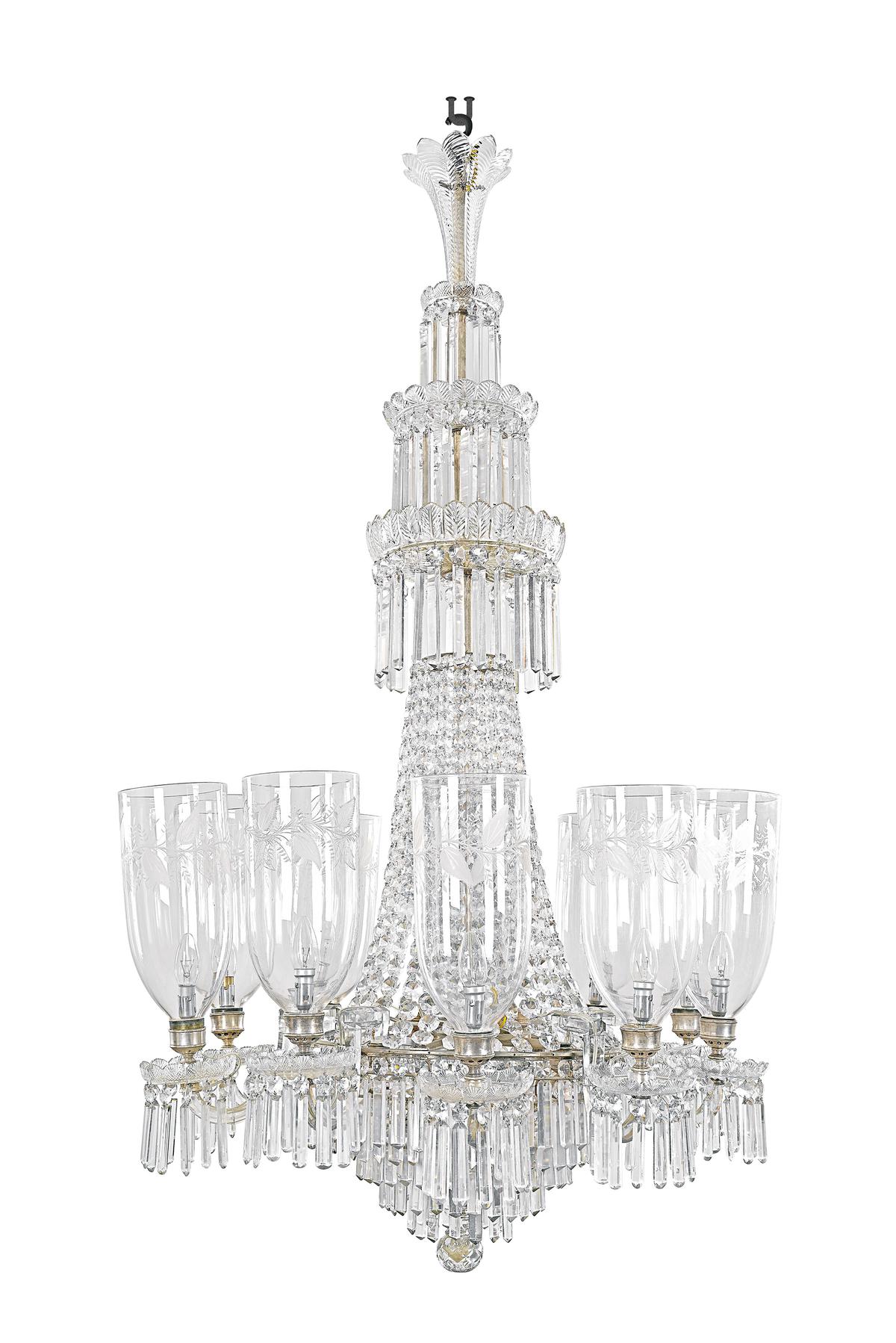 A 10-light tent and waterfall Victorian chandelier by F&C Osler.
Size: 67 x 35 x 35 inches;
Medium: Crystal;
Circa: 1850;
Estimate: ₹10,00,000-₹12,00,000. A 10-light tent and waterfall Victorian chandelier by F&C Osler.
Size: 67 x 35 x 35 inches;
Medium: Crystal;
Circa: 1850;
Estimate: ₹10,00,000-₹12,00,000.