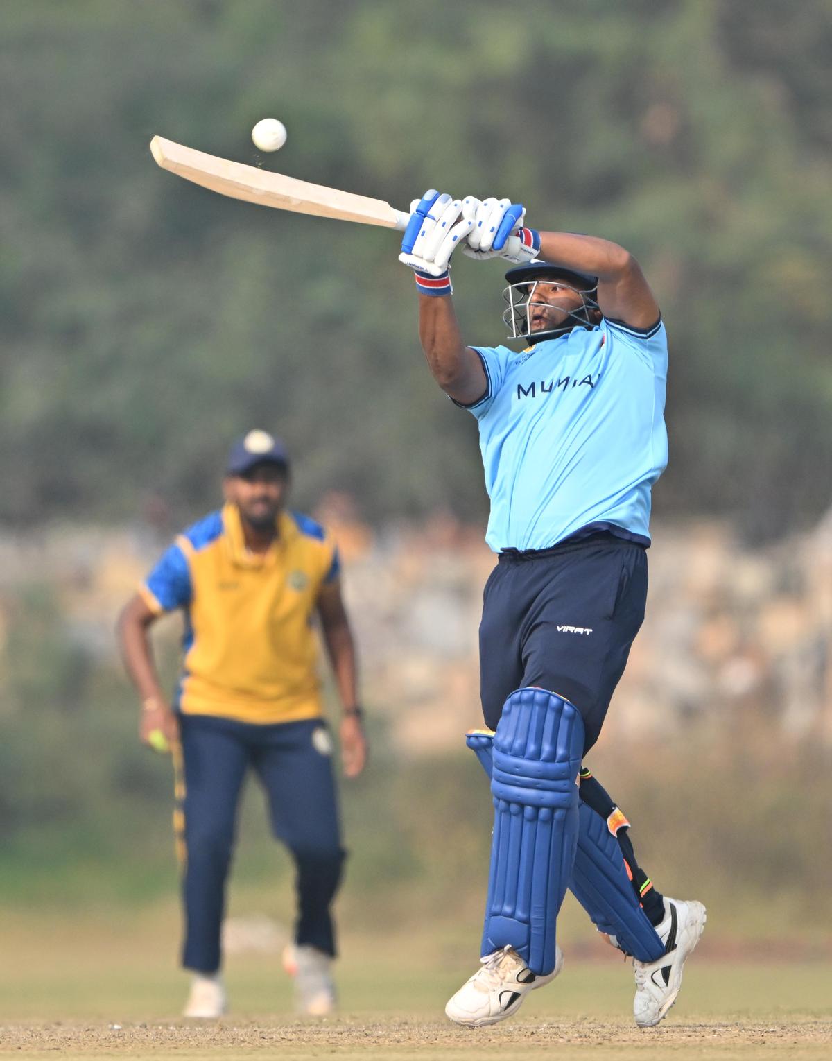 Mumbai batsman Sarfaraz Khan, who scored 157 runs against Goa during their Vijay Hazare Trophy cricket match in Jaipur, Rajasthan, on Wednesday, December 31, 2025. Mumbai batsman Sarfaraz Khan, who scored 157 runs against Goa during their Vijay Hazare Trophy cricket match in Jaipur, Rajasthan, on Wednesday, December 31, 2025.