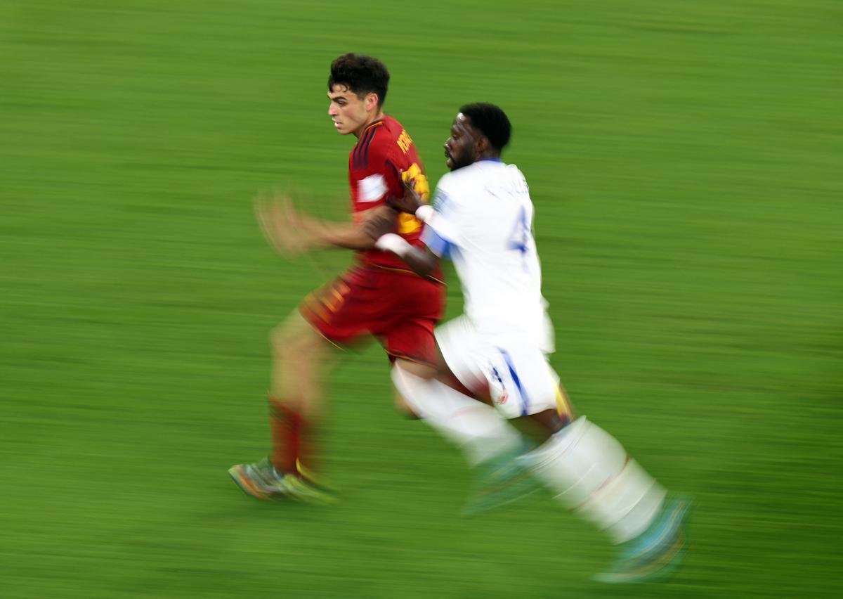 Spain’s Pedri in action with Costa Rica’s Keysher Fuller.