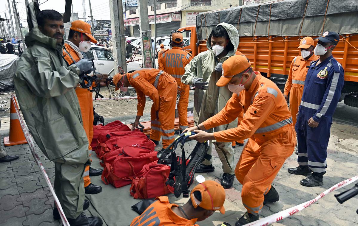 NDRF team during a rescue operation after a gas leak incident occur at a factory in Giaspura area of Ludhiana, Punjab on April 30. 