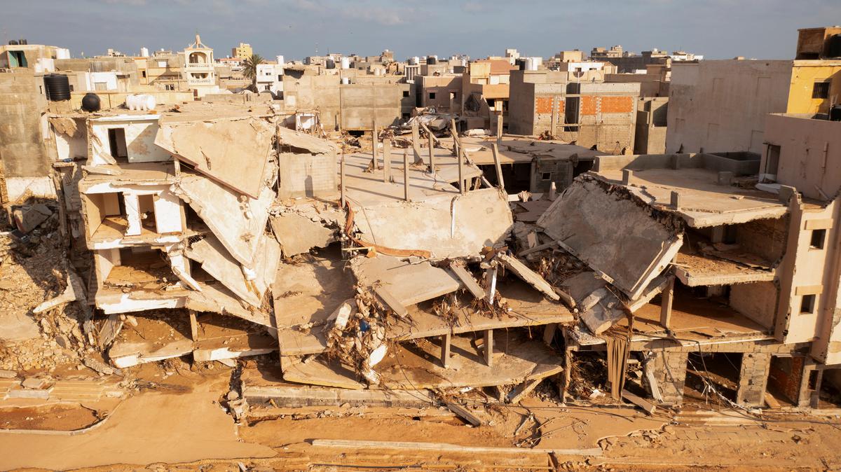An aerial view shows the destruction, in the aftermath of the floods in Derna, Libya on September 16, 2023.