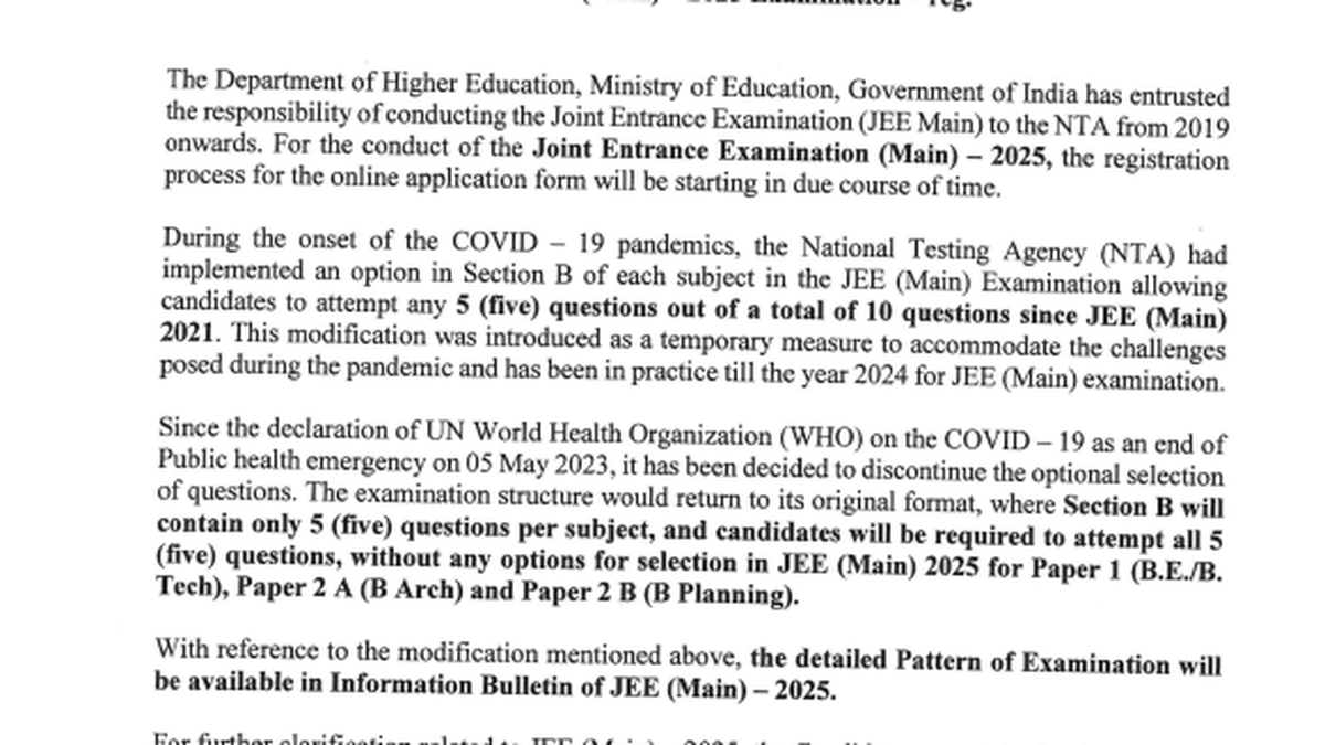 JEE Mains 2025: NTA Announces Changes In Exam Pattern, Scraps Optional ...