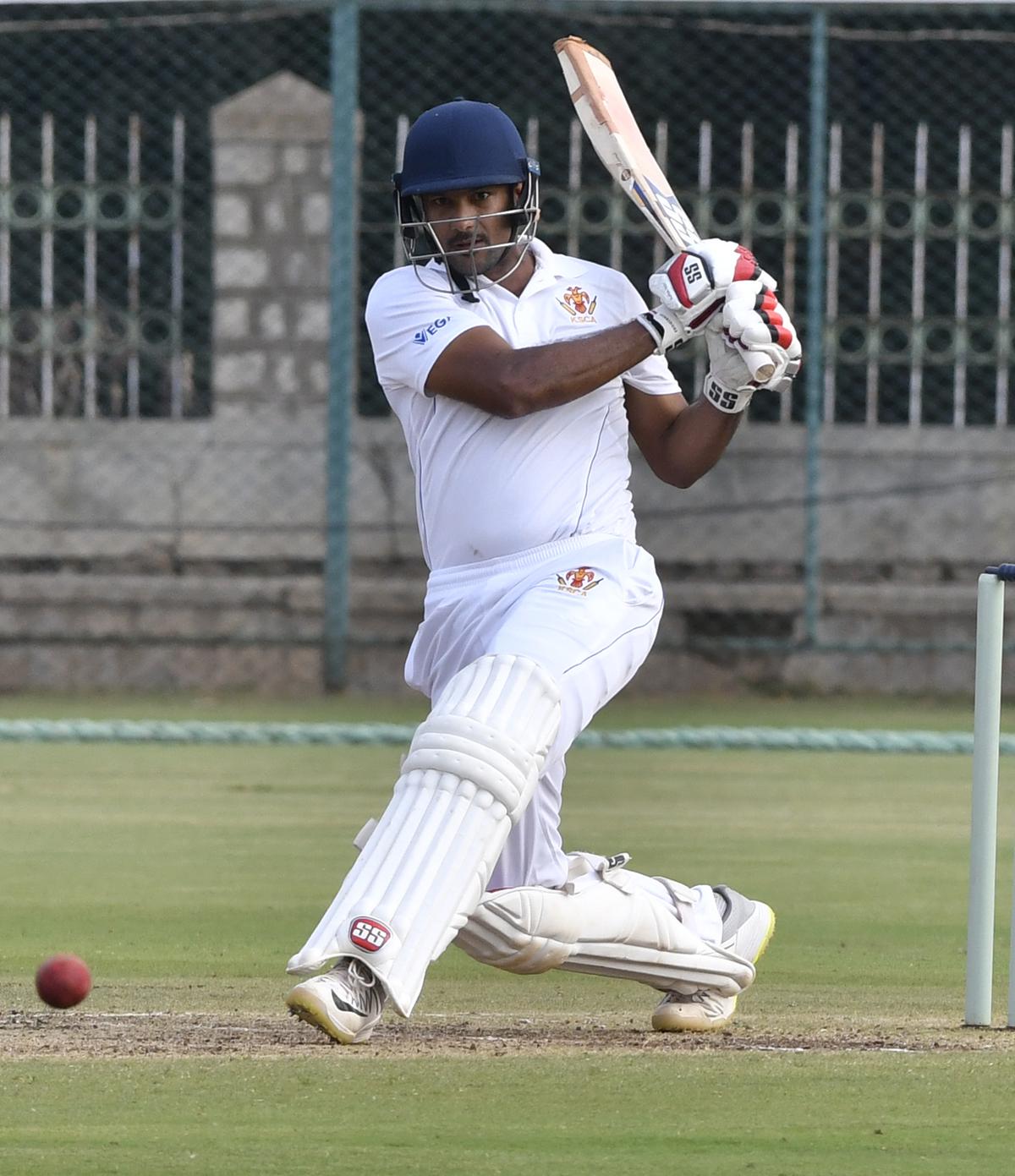 Mayank Agarwal of Karnataka during the Ranji Trophy cricket match between Goa and Karnataka at SDNR Wadiyar stadium in Mysuru.