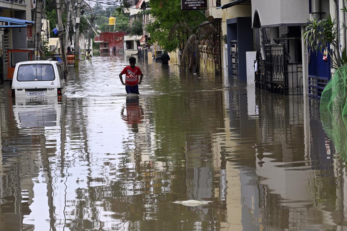 Flooded area at Sai layout following heavy overnight rain on May 19.