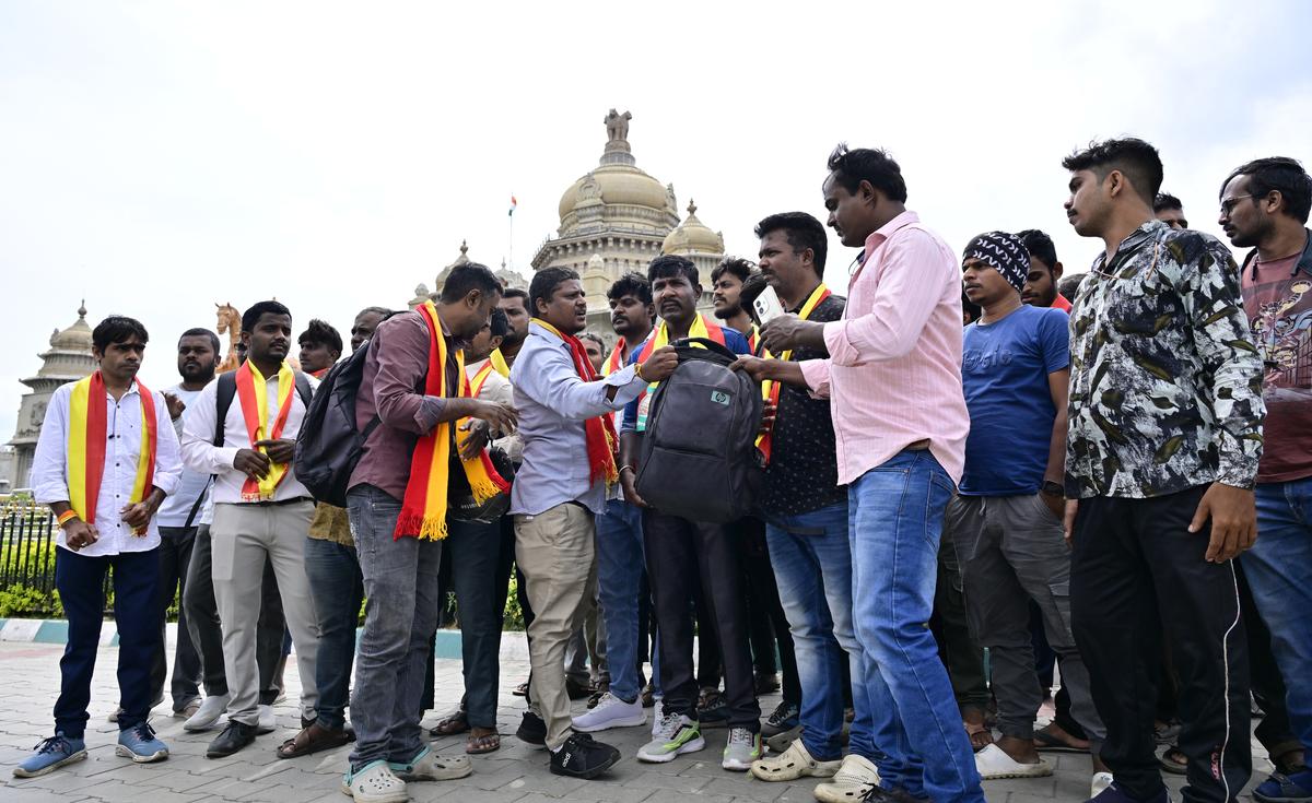 Bike taxi riders assembled in front of Vidhana Soudha for a silent protest demanding the government of Karnataka support their business, in Bengaluru on June 21, 2025.
