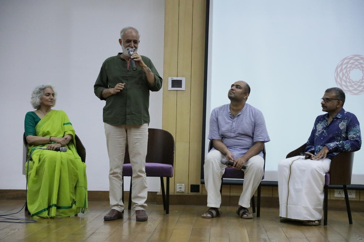 Nayanjot Lahiri, M.K. Raina, Naresh Keerthi and T.M. Krishna at the 2022 edict release event