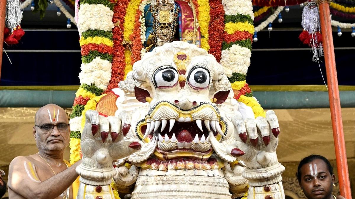 Kodandarama rides the lion, sits under pearl-studded canopy