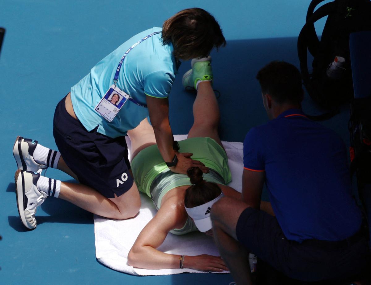 
Ukraine’s Elina Svitolina receives medical attention during her fourth round match against Czechia’s Linda Noskova