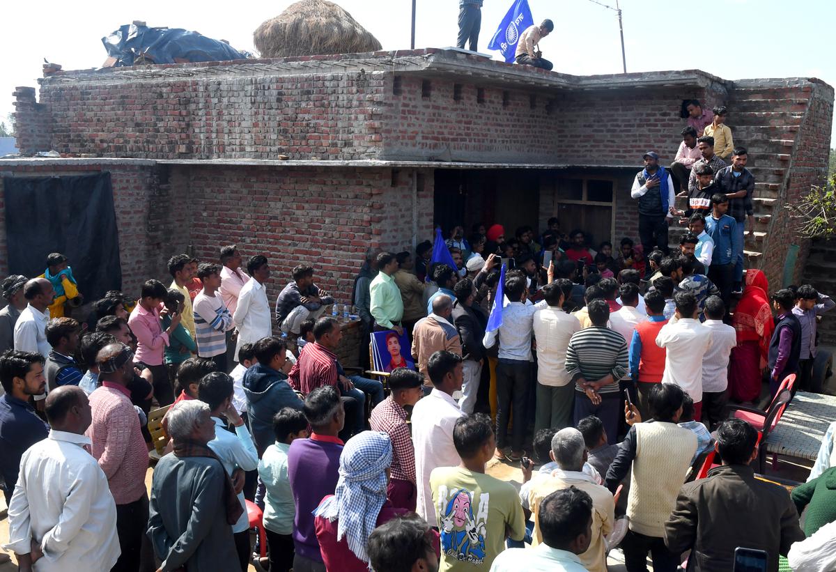 Members of the Bhim Army at the home of Somesh Kumar, the deceased Dalit boy.